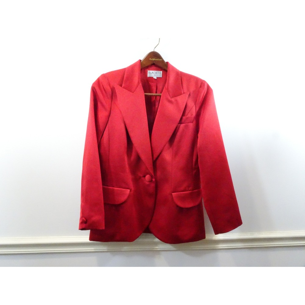 Oleg Cassini Black Tie Vintage Red Satin Blazer Peaked Lapel Evening Jacket 10